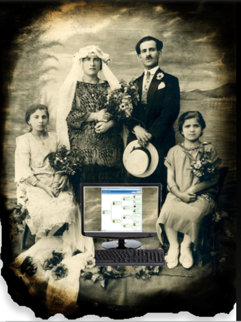 Old website image of black-and-white family portrait with color computer monitor and keyboard at their feet