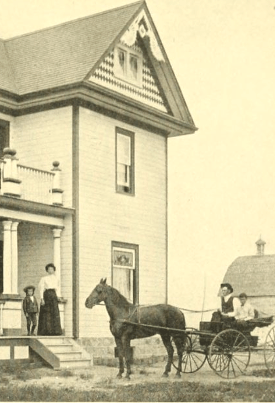 Image of family in front of prairie farmhouse, man in buggy with horse, barn in background